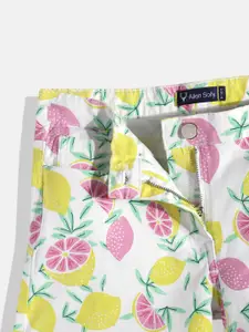 Allen Solly Junior Girls White Conversational Print Regular Fit Mid-Rise Denim Shorts