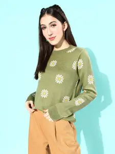 Dressberry Women Green Floral Print Pullover Sweater