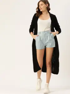 DressBerry Women Balck Self Design Front-Open Knitted Longline Sweater