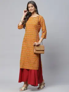 Aarika Women Mustard Yellow & Red Ethnic Motifs Printed Pure Cotton Kurta