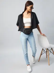 CHIMPAAANZEE Women Black Oversized Crop Casual Shirt