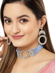 KARATCART Blue Silver-Plated Crystal Choker Necklace Set