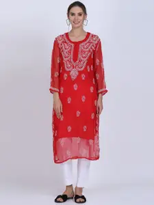 PARAMOUNT CHIKAN Women Red & White Ethnic Motifs Embroidered Chikankari Georgette Kurta