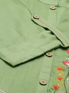Neerus Women Olive Green Embroidered Mandarin Collar Kurta