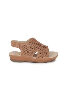 Hush Puppies Women Brown Solid Leather Open Toe Flats with Laser Cuts