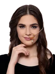 ANIKAS CREATION Red Gold-Plated Beaded & Stone-Studded Chained Nose Ring
