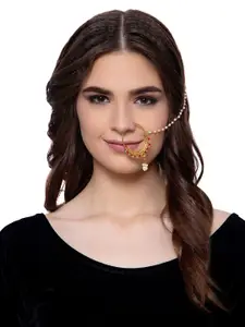 ANIKAS CREATION Women Red Gold-Plated & Off-White Beaded & Stone-Studded Chained Nose Ring