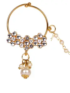 ANIKAS CREATION Gold-Plated & White Beaded & Stone-Studded Chained Nose Ring