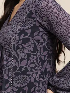 Sangria Women Navy Blue & Lavender Ethnic Motifs Printed Georgette A-Line Midi Dress