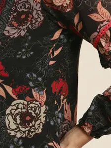 Sangria Women Black & Red Floral Printed Georgette A-Line Midi Dress