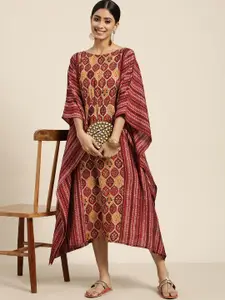 Sangria Women Red & Mustard Yellow Ethnic Motifs Printed Kaftan Midi Dress