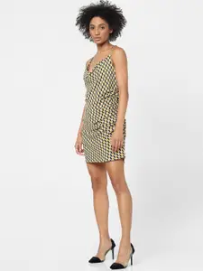 ONLY Green & Yellow Printed Cowl Neck Sheath Dress