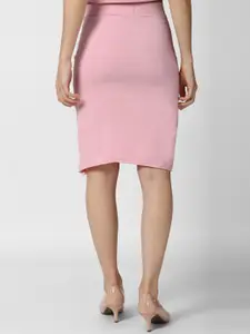 FOREVER 21 Women Pink Solid Front Slit knee Length Pencil Skirt