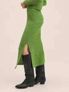 MANGO Women Green Self-Design Straight Side Slit Midi Skirt
