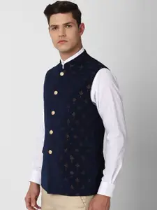 Van Heusen Men Navy Blue Printed Nehru Jacket