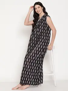 Secret Wish Black Printed Maxi Nightdress