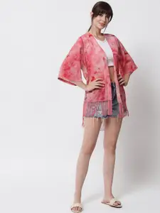 PURYS Women Pink Tie & Dye Printed fringed Shrug