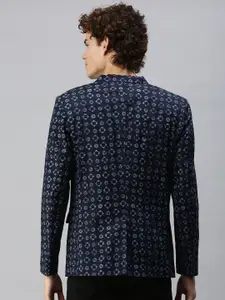 SHOWOFF Men Navy Blue & Grey Printed Single-Breasted Slim-Fit Blazer