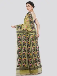 PinkLoom Yellow & Pink Woven Design Pure Cotton Jamdani Saree