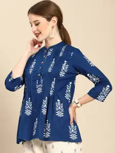 Anouk Women Navy Blue & White Pure Cotton Ethnic Motifs Printed Pleated Kurti