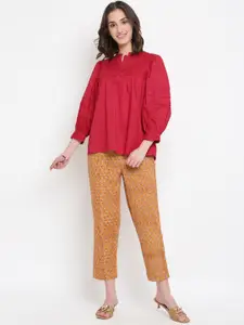 Fabindia Women Red Mandarin Collar Top