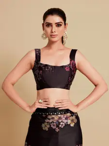 Sangria Black & Burgundy Floral Zari Satin Saree