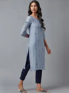 W Women Blue Ethnic Motifs Embroidered Keyhole Neck Thread Work Kurta