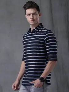 WROGN Men Navy Blue Slim Fit Striped Casual Shirt