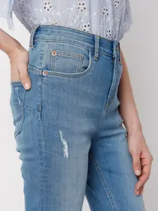 Vero Moda Women Blue Slim Fit High-Rise Mildly Distressed Light Fade Jeans