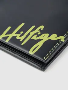 Tommy Hilfiger Men Navy Blue & Lime Green Brand Logo Printed Two Fold Leather Wallet