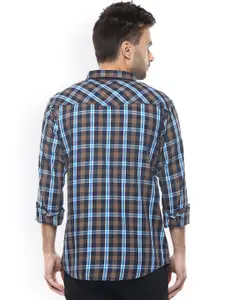 SPYKAR Men Khaki & Blue Slim Fit Checked Casual Shirt