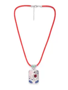 Golden Peacock Silver-Toned & Pink Embossed Fish Shape Rectangular Pendant with Chain