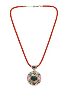 Golden Peacock Silver-Toned & Green Stone-Studded Circular Pendant with Nylon Cord