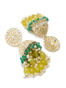 aadita Gold-Toned & Green Kundan Studded Jhumkas Earrings