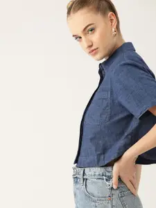 Kook N Keech Women Navy Blue Pure Cotton Chambray Boxy Casual Shirt