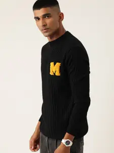Kook N Keech Men Black Ribbed Pullover with Applique Detail