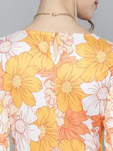 SASSAFRAS Women Mustard Yellow & White Floral Printed A-Line Midi Dress