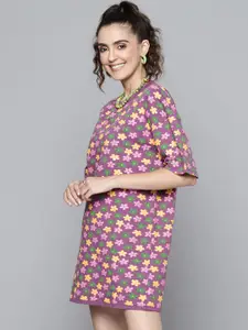 SASSAFRAS Women Purple & Yellow Floral Pure Cotton T-shirt Dress