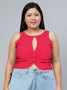 SASSAFRAS Women Fuchsia Textured Keyhole Neck Twisted Crop Top