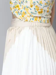 SASSAFRAS Women White & Beige Colourblocked Accordion Pleat Midi A-Line Skirt