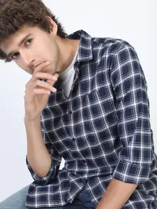 KETCH Men Navy Blue Slim Fit Tartan Checked Casual Shirt