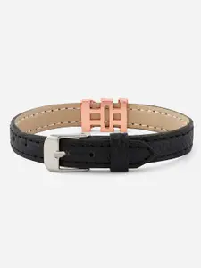 MINUTIAE Women Rose Gold-Plated Black & White Crystals Anti-Tarnish Vegan Leather Bracelet