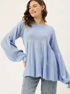 DressBerry Women Blue Solid Round Neck Knitted Pullover