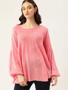 DressBerry Women Pink Self-Striped Bishop Sleeves Pullover