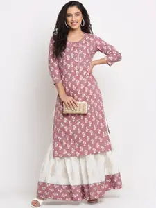 KALINI Women Peach-Coloured Floral Printed Gotta Patti Pure Cotton Kurta with Skirt
