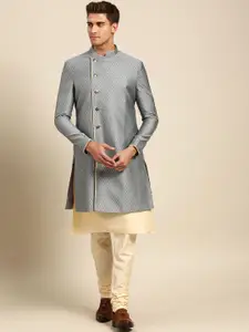 KISAH Men Navy Woven Design Kurta Sherwani Set