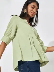 The Label Life Women Green V Neck Box Pleat Casual Shirt