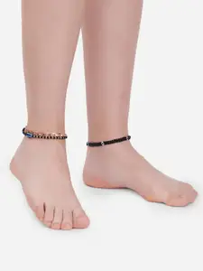 AMI Set Of 3 Silver-Plated Rose Gold-Toned & Black Beaded Anklets
