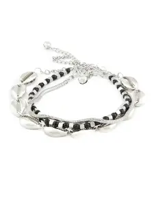 AMI Set Of 3 Silver-Toned Black Beaded Contemporary Stackable Anklets