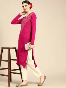 Anouk Women Pink Ethnic Motifs Yoke Design Woollen Winter Straight Kurta